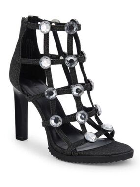Karl Lagerfeld Beatriz Black Denim Crystal Cage Stiletto Heel 6.5 NWOB 4"